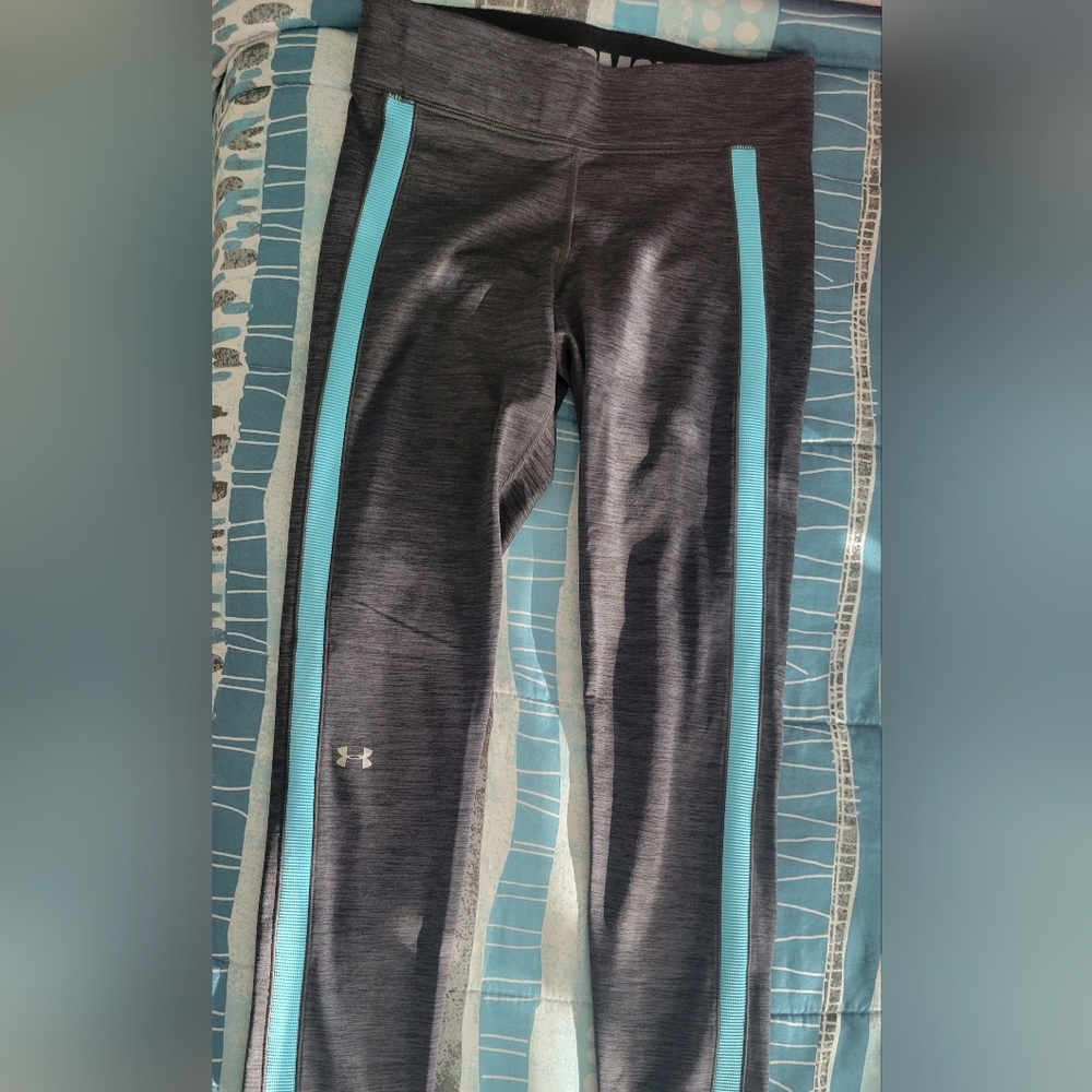 Under Armour Charcoal Leggings with Aqua Stripes